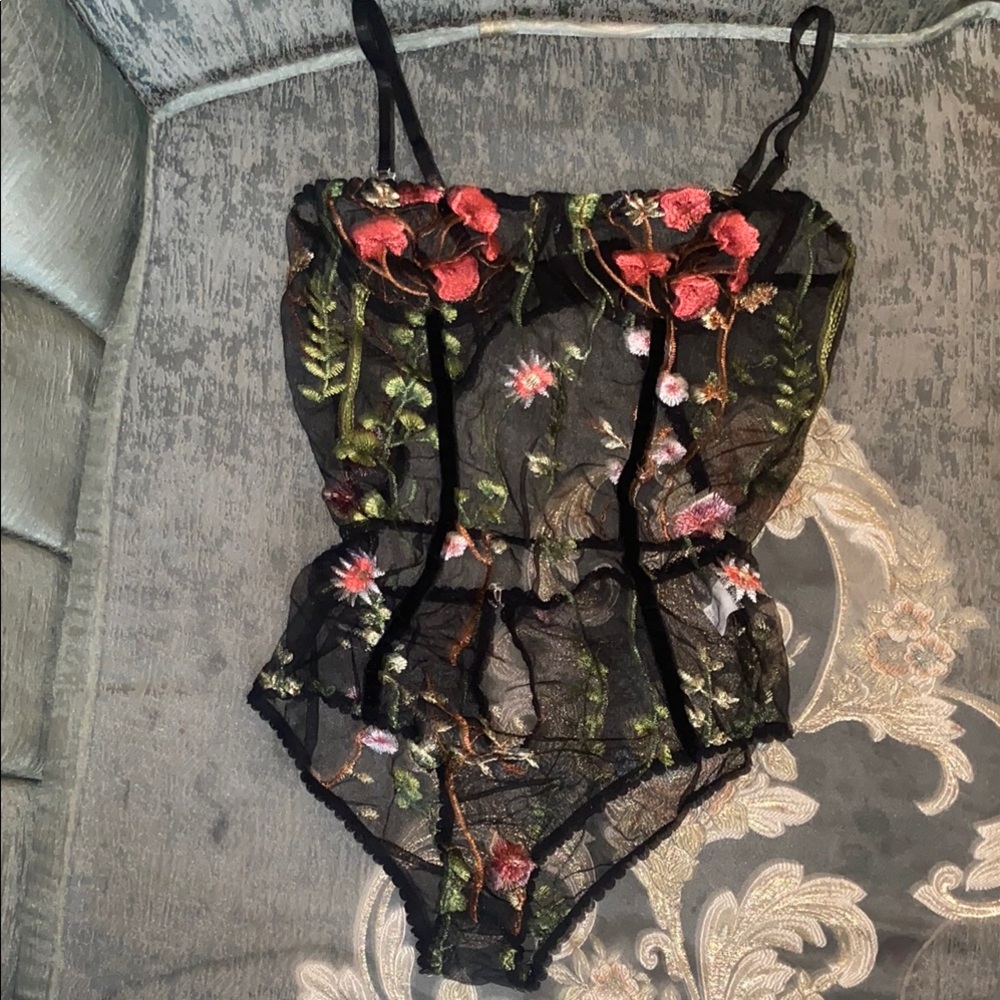 Floral Embroidered Black Bodysuit New
